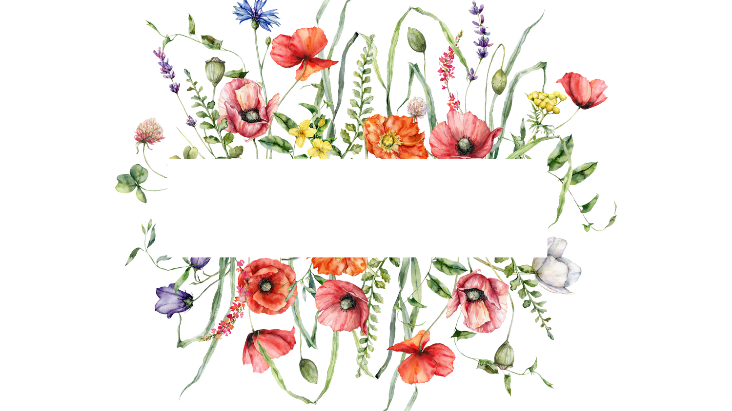 Watercolor floral frame with coral pink poppies, purple wildflowers, and green foliage on black background.