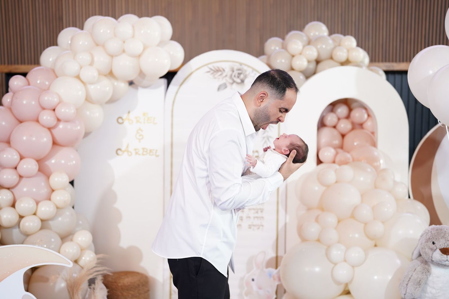 Wedding photo sequence with blush pink balloon decorations and elegant poses.