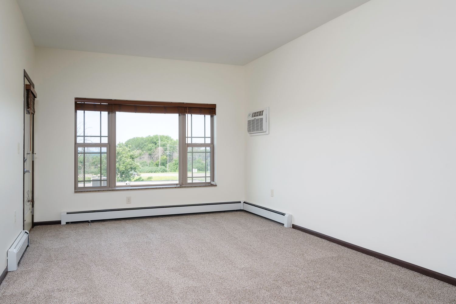 Empty carpeted room with beige walls, baseboard heater, wall AC unit, and large window with outdoor view.