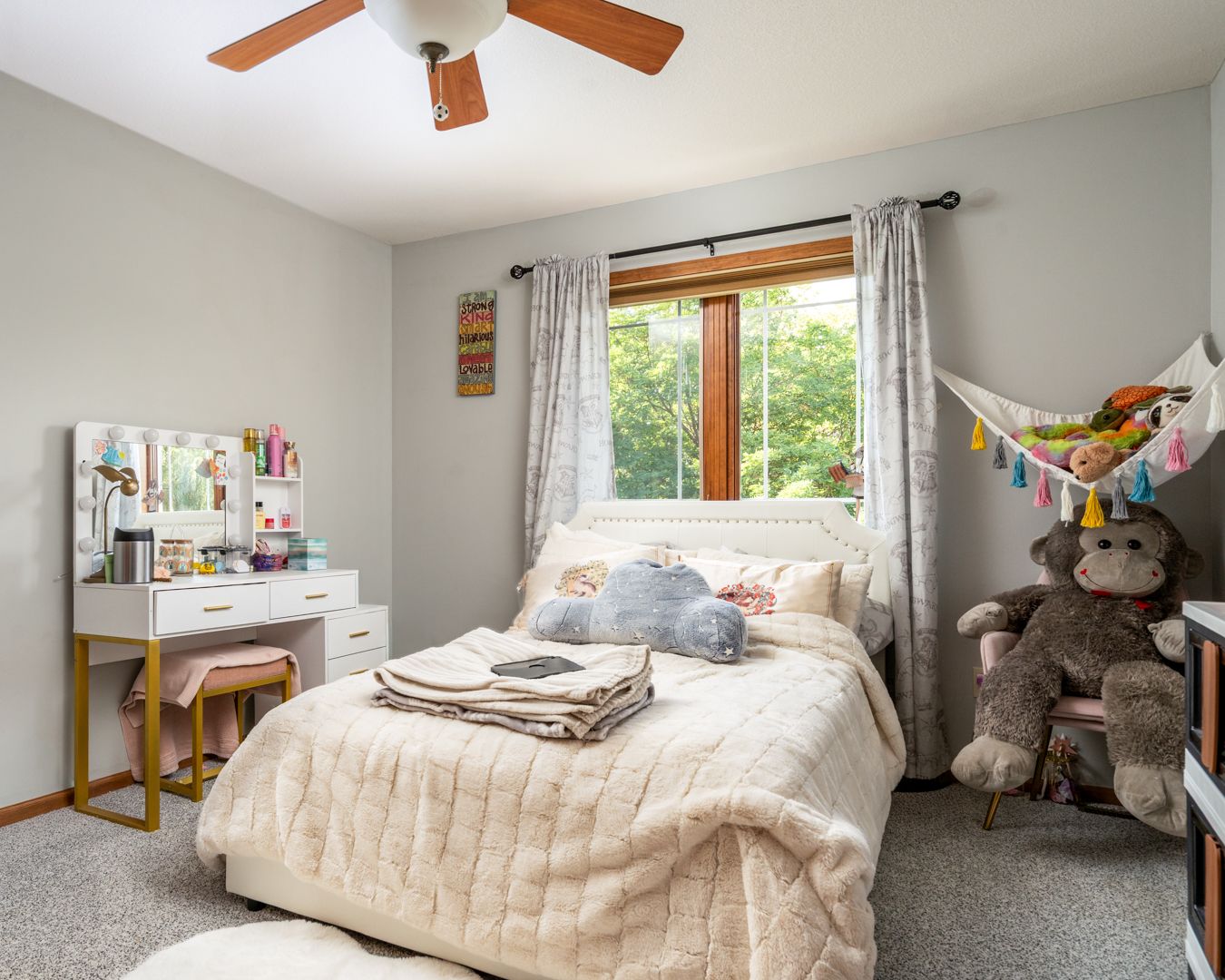 Collage of bedroom interior photos showing quilted bedding, light-filled spaces, and ceiling fan with wooden blades.
