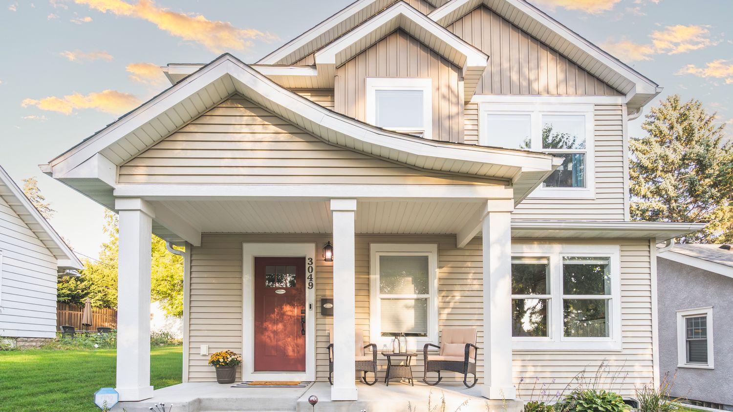 A collage of modern home exteriors featuring beige and white siding, porches, and architectural details at sunset.