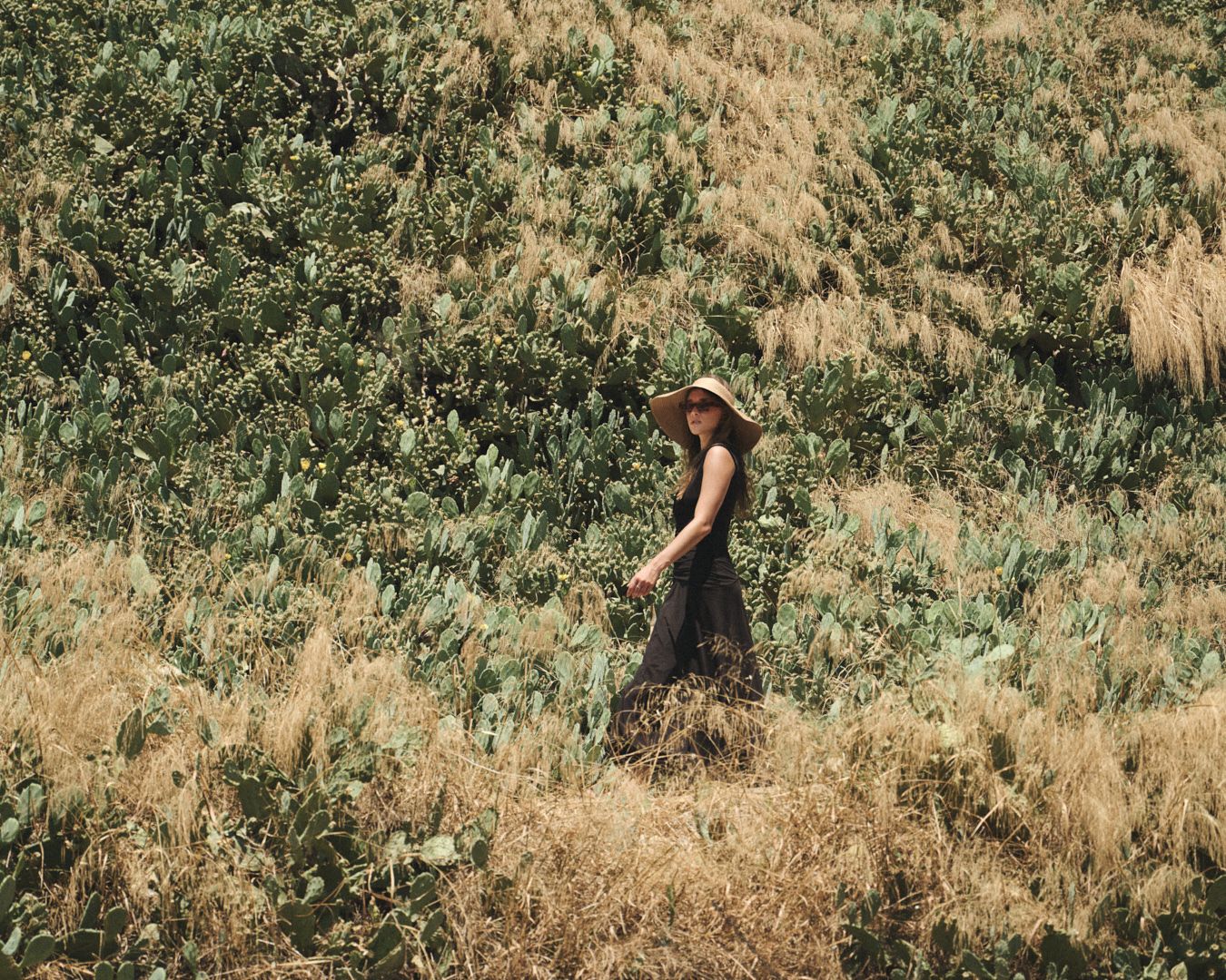 Person exploring steep grassy hillside in natural terrain on sunny day.