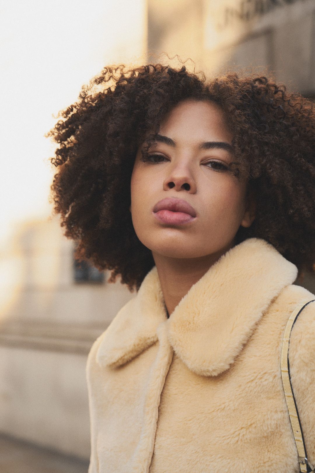 Portrait of a person with natural curly hair wearing a cream colored fur collar coat in warm sunlight.