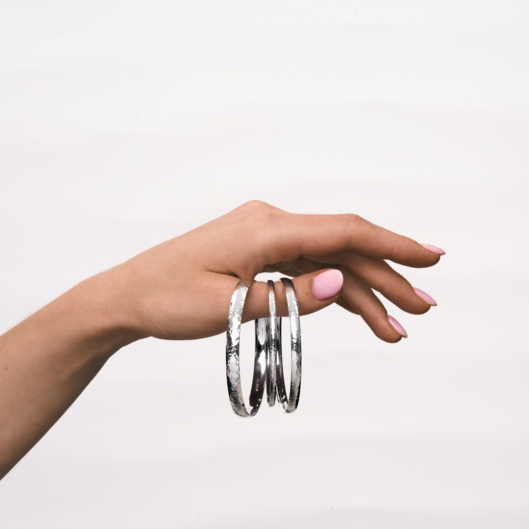 Sequence of hands displaying silver ring jewelry against white background with progressive movements.