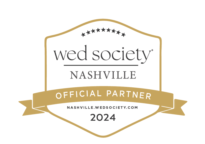 Gold and white badge logo for Wed Society Nashville Official Partner 2024 featuring stars and elegant typography.