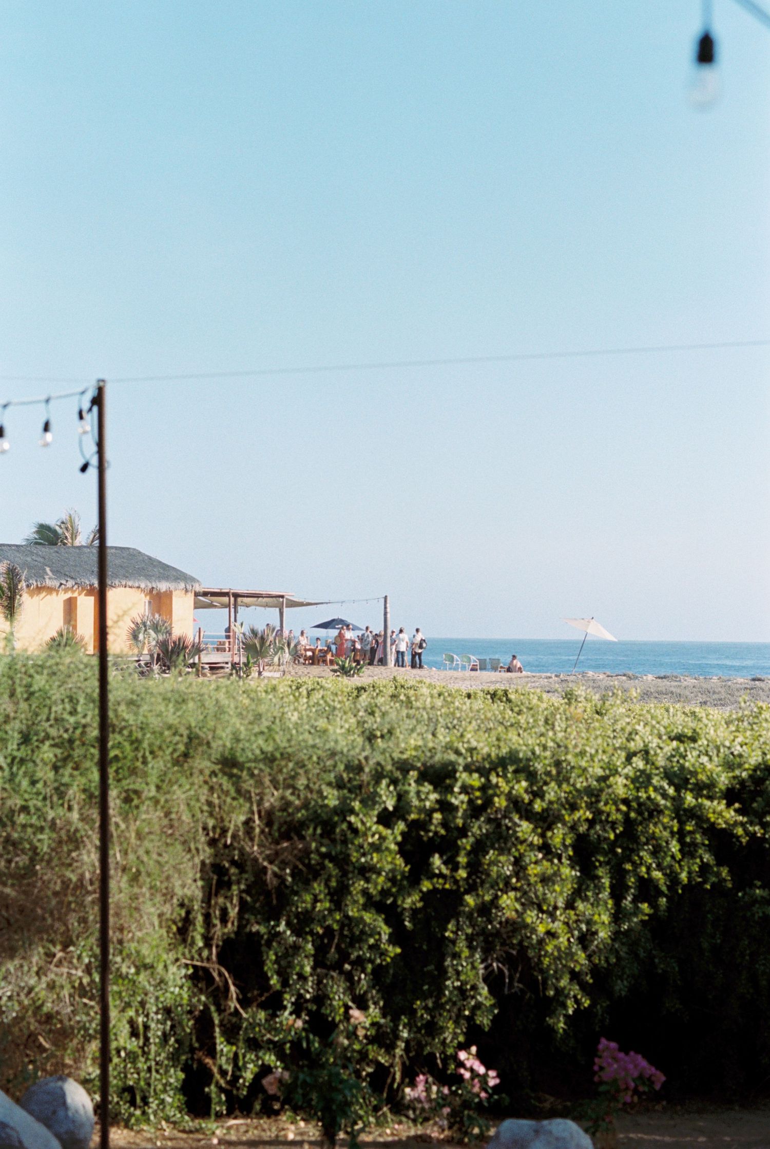 A beachside view showing hedges, power lines, and a small structure overlooking the ocean on a sunny day.
