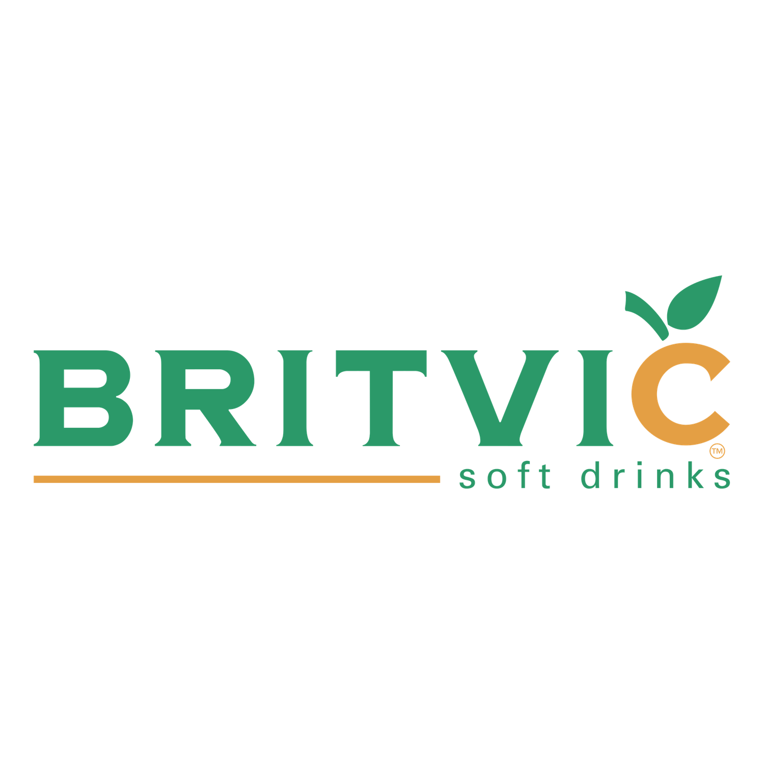 Britvic Soft Drinks logo featuring bold green text with an orange leaf accent and a gold underline on white background.