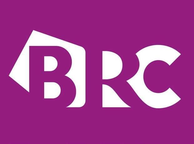 BRC logo featuring bold white letters on a vibrant purple background with a geometric diamond shape accent.