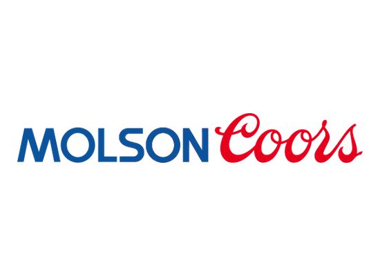 Molson Coors brewery company logo featuring bold blue text and red cursive lettering on white background.