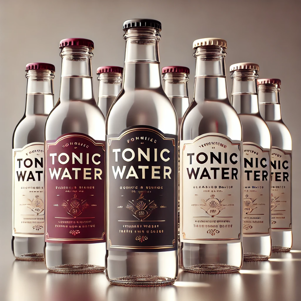 Seven glass bottles of tonic water with elegant labels arranged together on a reflective surface.