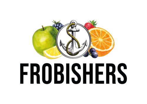 Frobishers brand logo featuring a nautical anchor surrounded by fresh fruits including apple, lemon, orange, and berries.