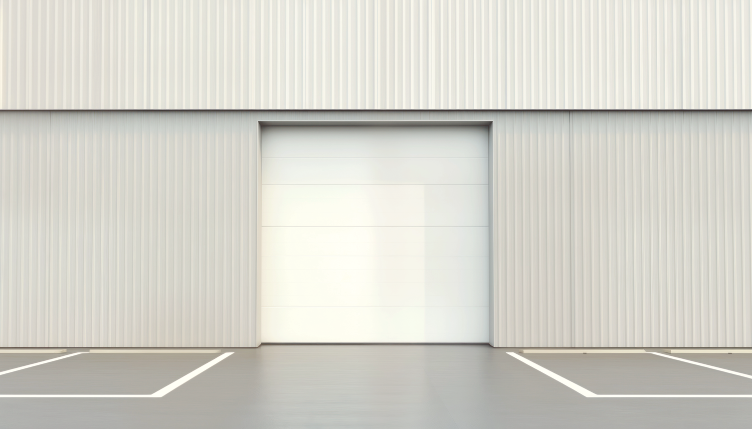 White industrial warehouse exterior with a large roll-up garage door and empty parking spaces on a concrete lot.