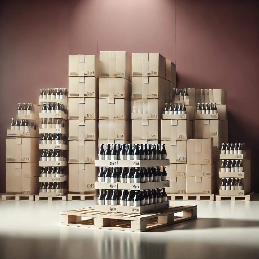 Warehouse storage with cardboard boxes and wine bottles stacked on wooden pallets against a mauve wall.