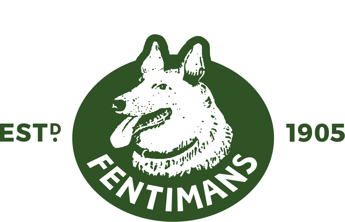 Fentimans logo featuring a German Shepherd dog illustration in a green oval, established 1905.
