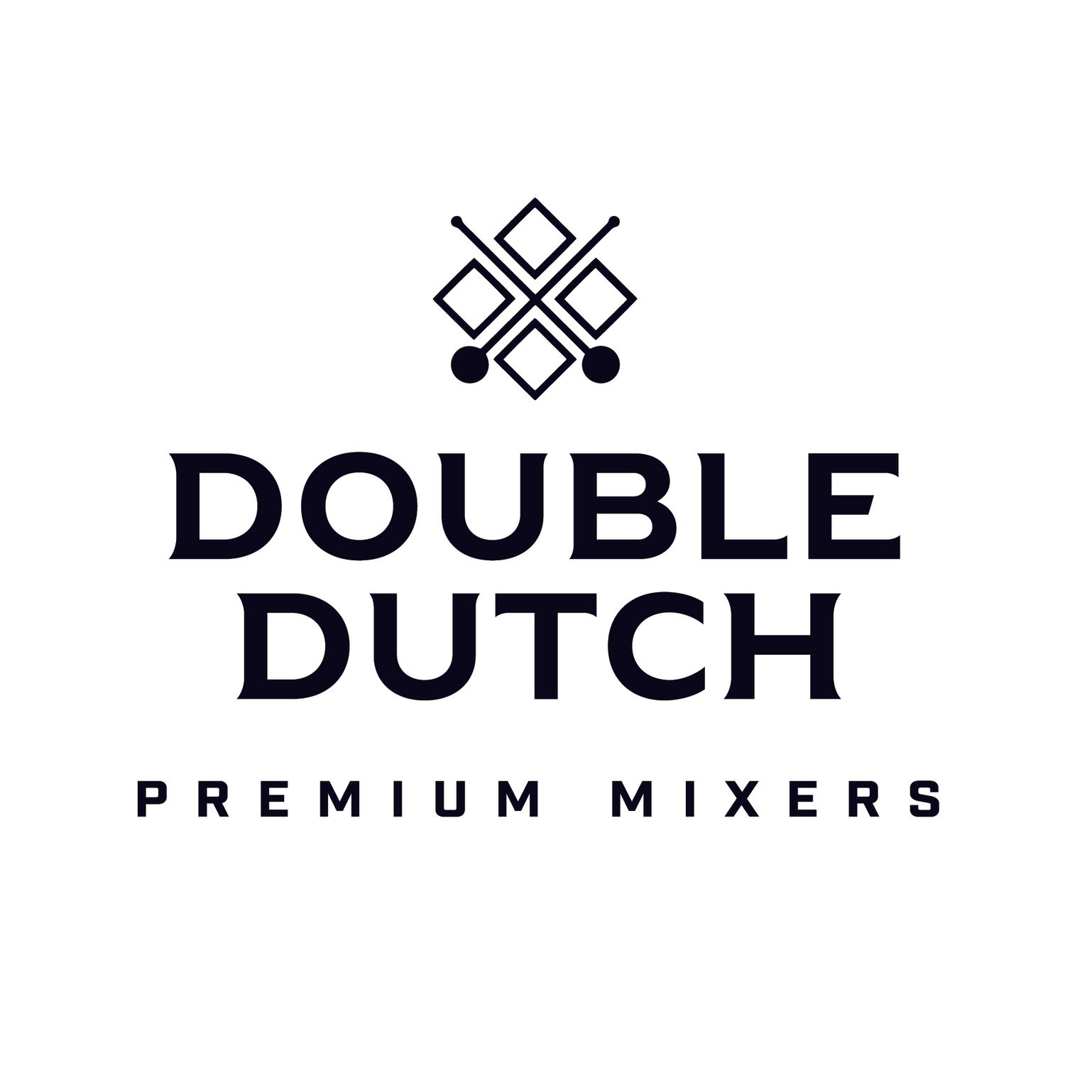 Double Dutch Premium Mixers logo featuring geometric diamond shapes and bold black typography on white background.