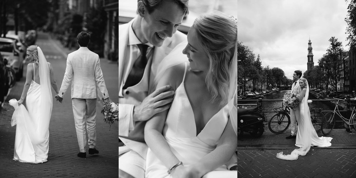 A collection of romantic wedding moments captured in black and white photography on a city street.
