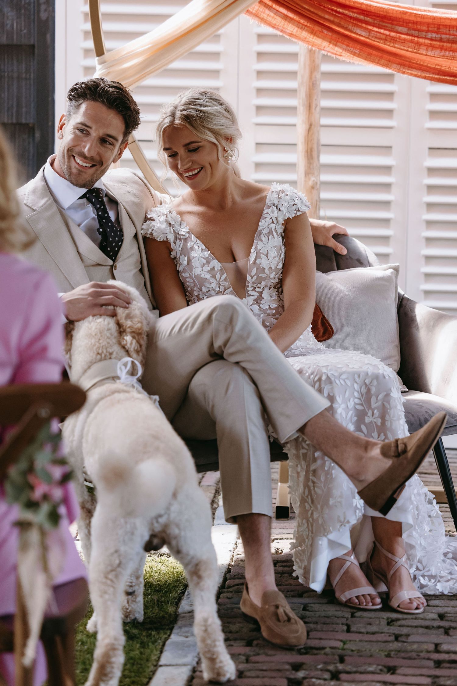 Couple sits on brick steps with their small white dog in wedding attire.