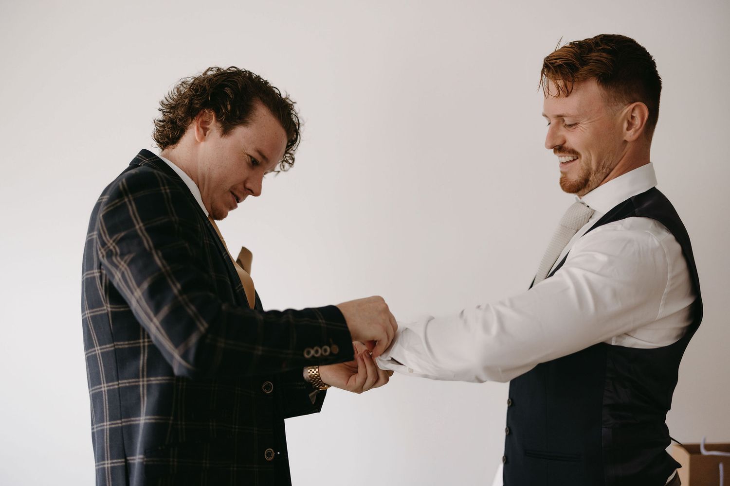 A series of casual pre-wedding preparation shots in a bright indoor setting.