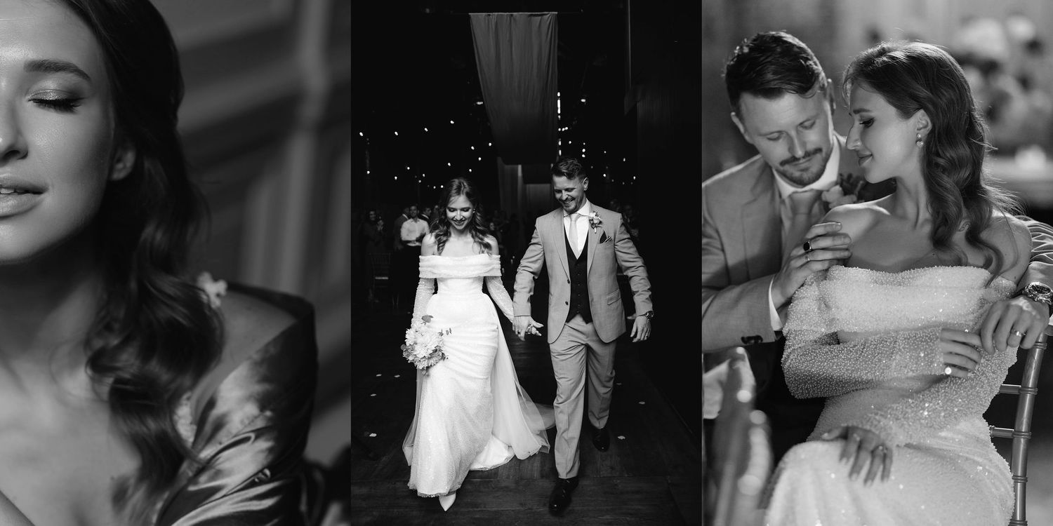 Collection of intimate black and white wedding moments and portraits.