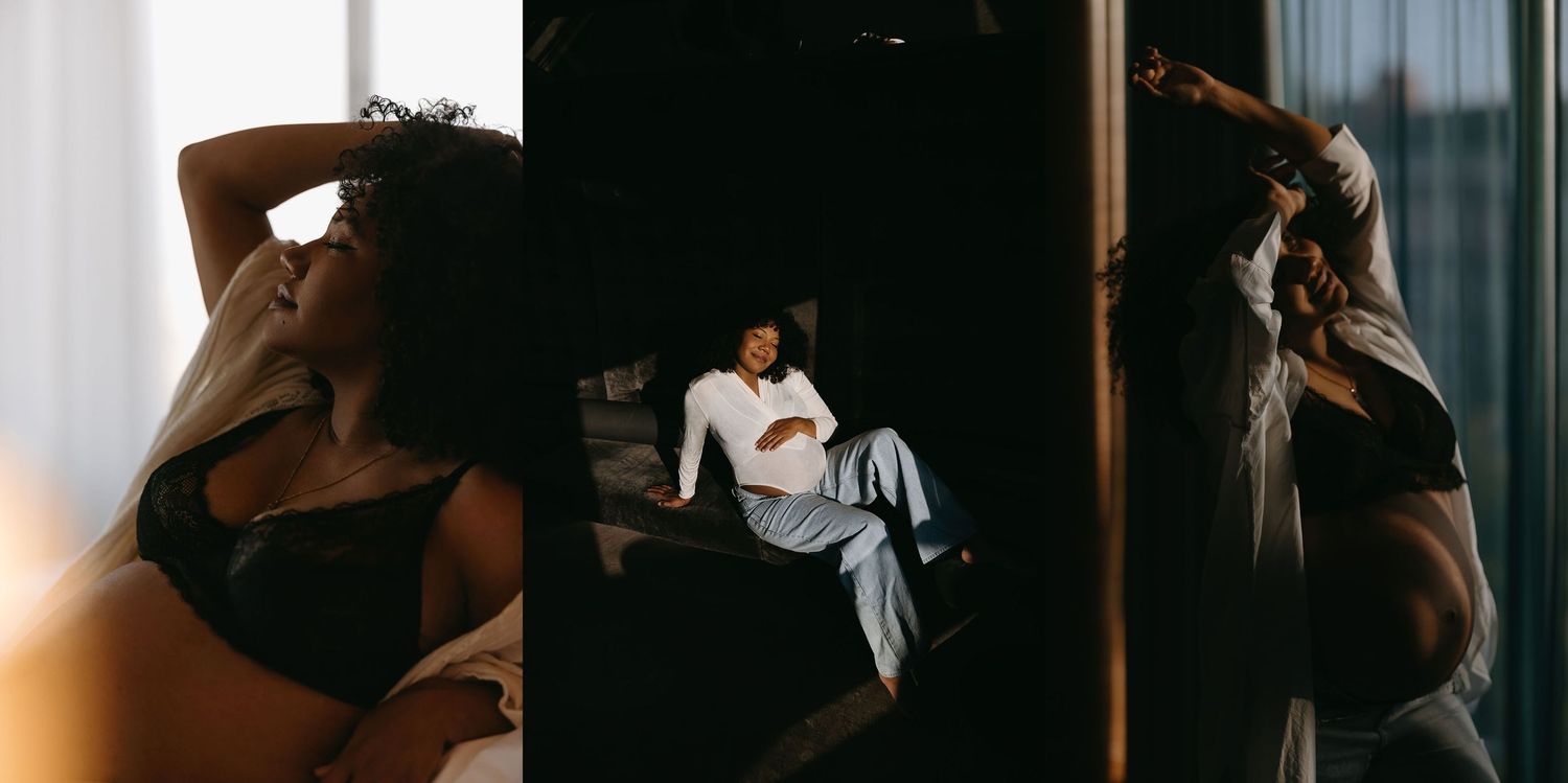 Artistic boudoir photography triptych with moody lighting and intimate poses.