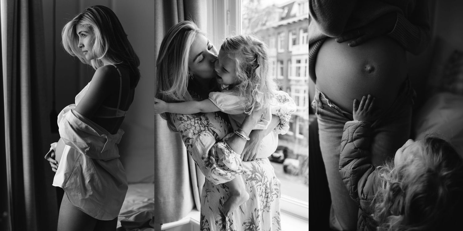 Series of black and white pregnancy journey photographs showing tender moments.