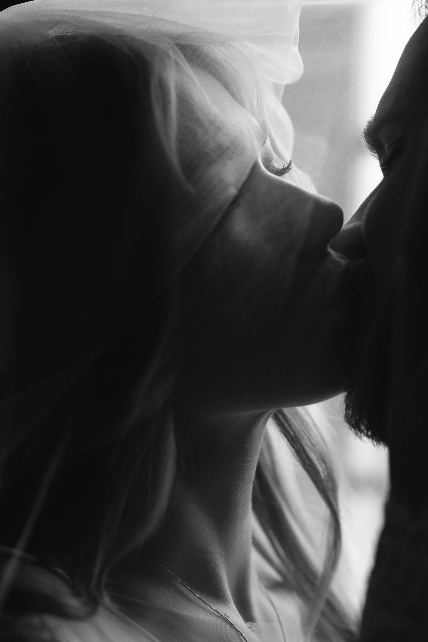 A black and white romantic silhouette of a couple kissing through a flowing veil.