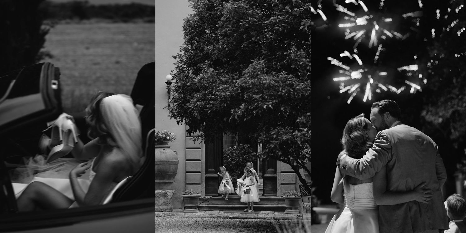 Series of candid black and white wedding photographs taken outdoors.