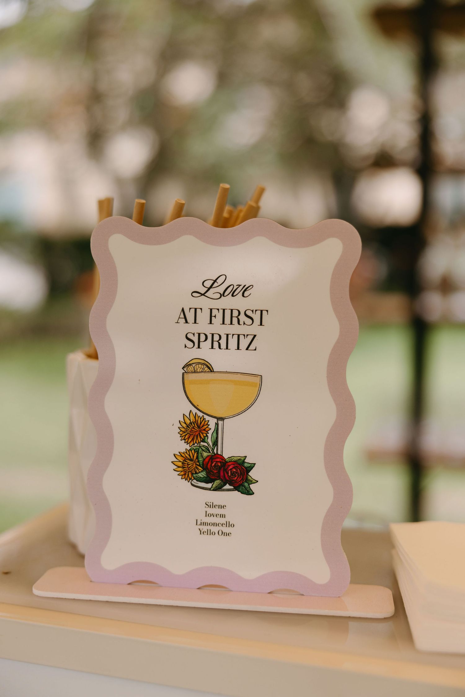 Wedding reception sign reading 'Love at First Spritz' with cocktail illustration in pink frame.