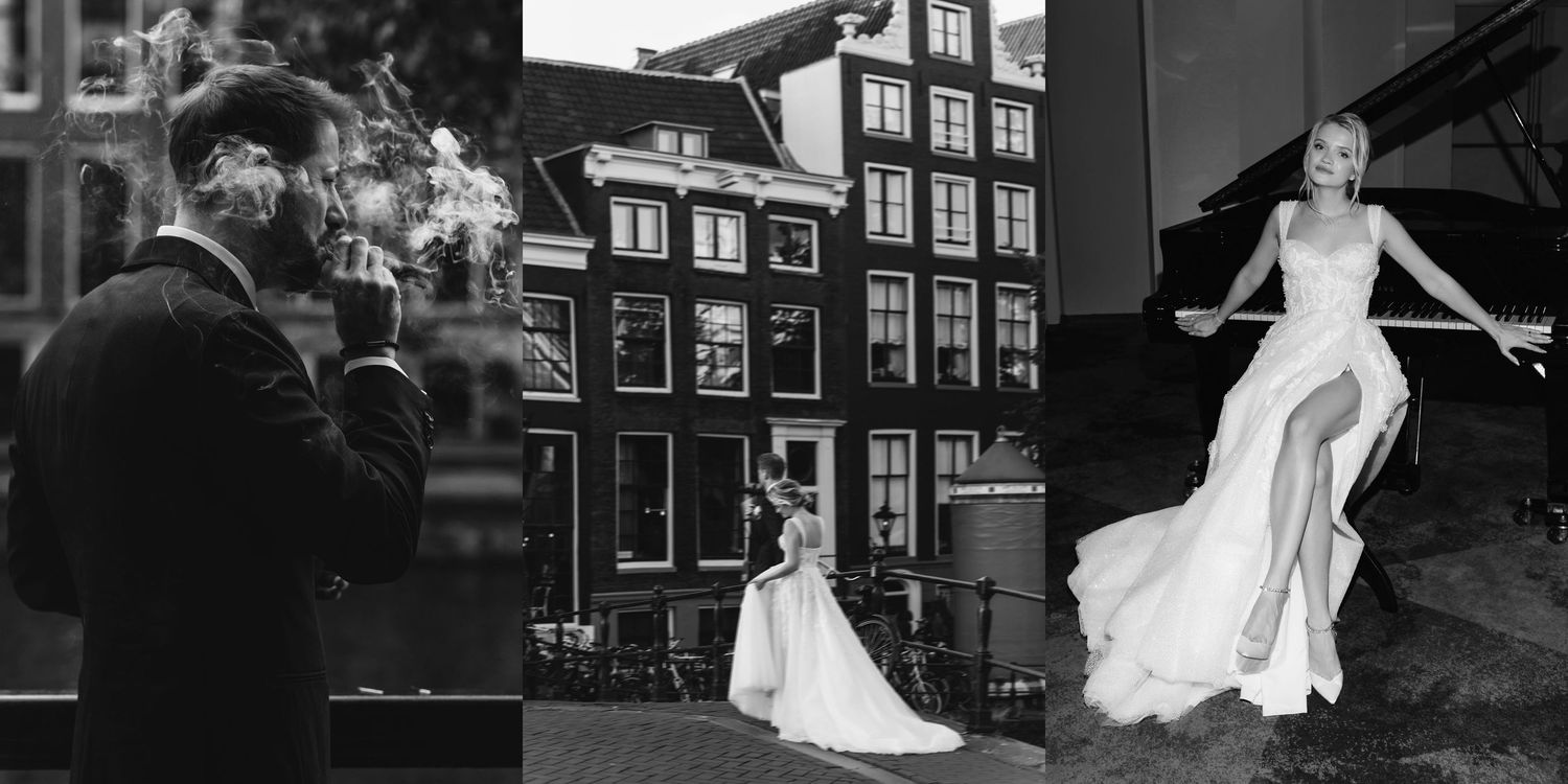 Dramatic black and white wedding photos showcasing architectural backdrops.