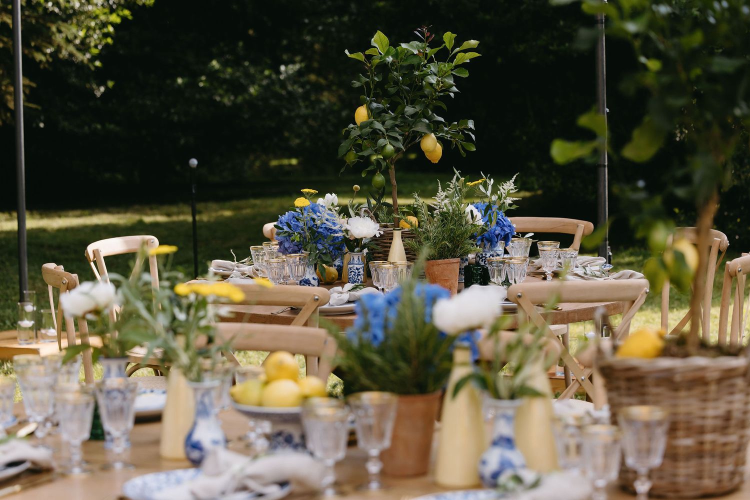 A wedding reception table decorated with blue hydrangeas and yellow accents in a garden setting.