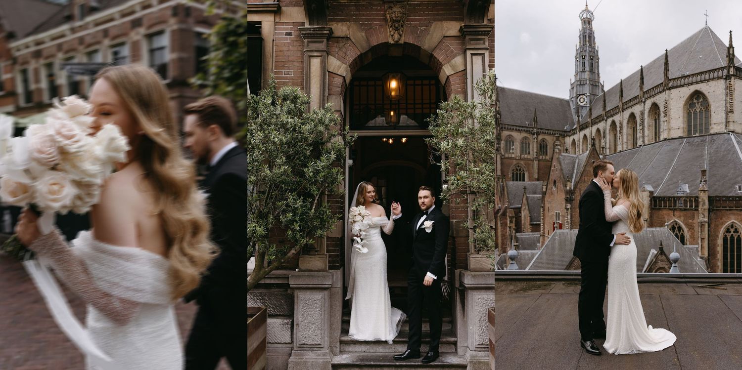 Romantic wedding portraits outside a gothic church with floral bouquets.