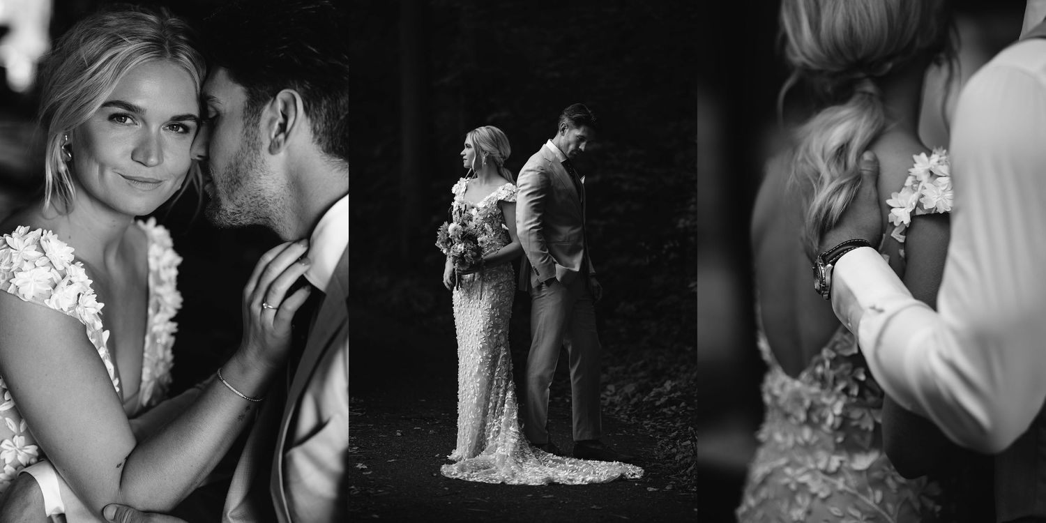 A romantic black and white wedding photography triptych showing intimate moments between the newlyweds.