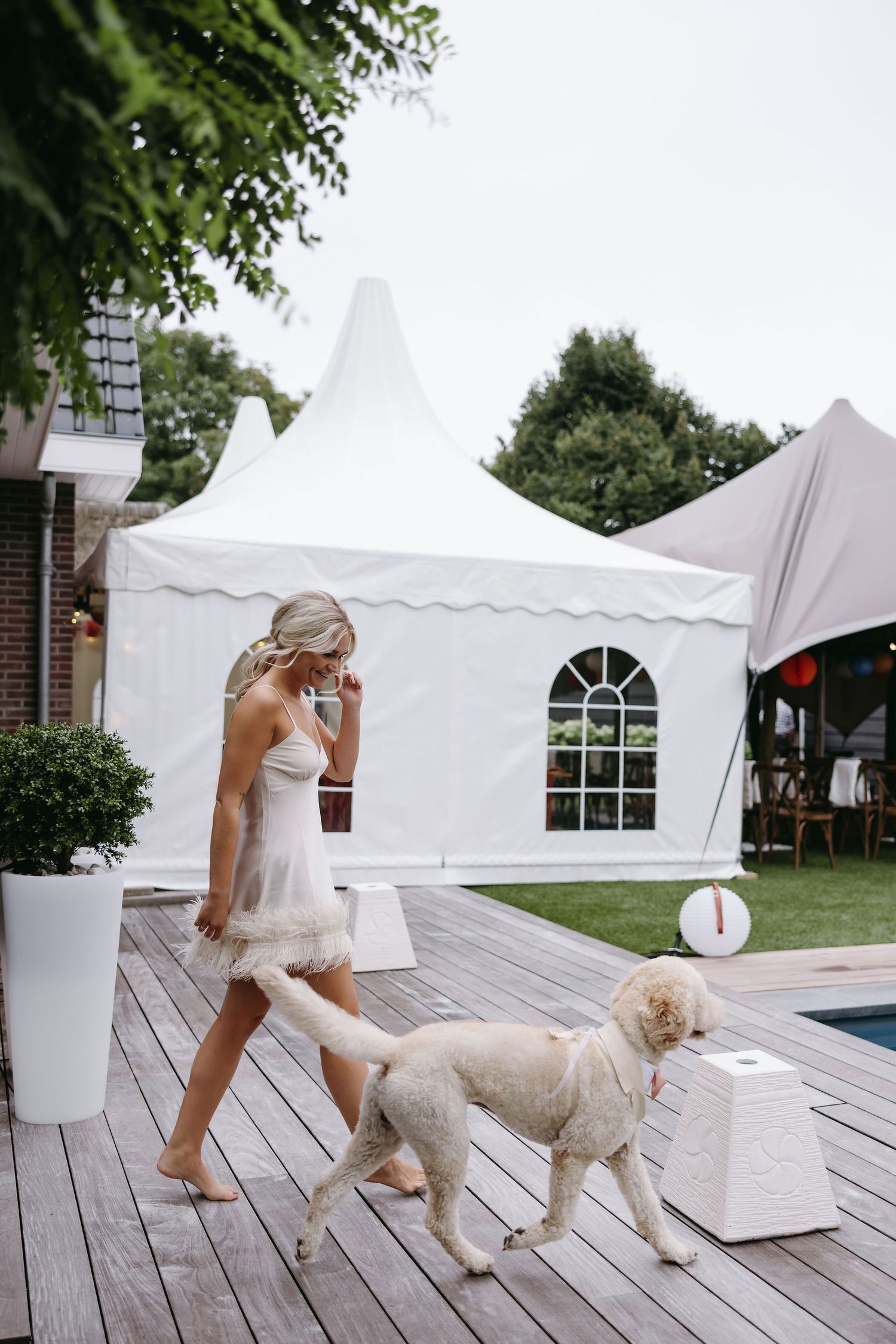 Wedding couple plays with their white dog on wooden deck near white event tents.