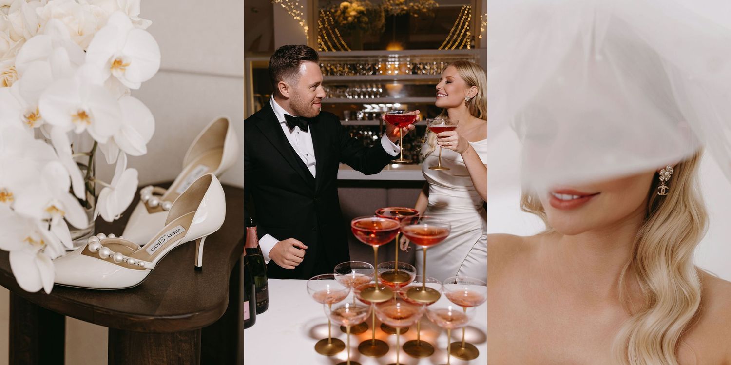 Elegant wedding reception scene with champagne tower and floral decorations.