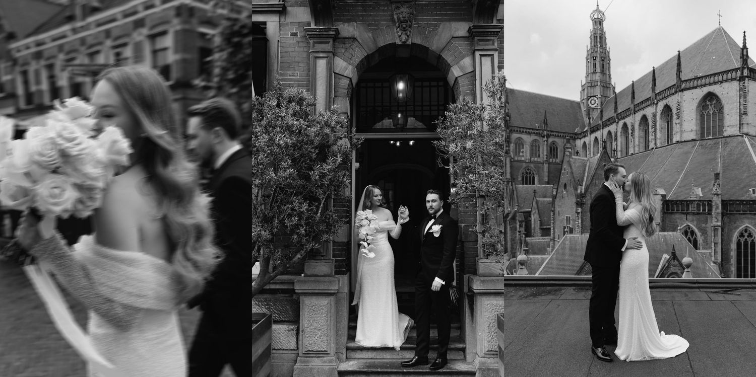 A filmstrip collage showing wedding photography scenes with elegant couples and church settings.