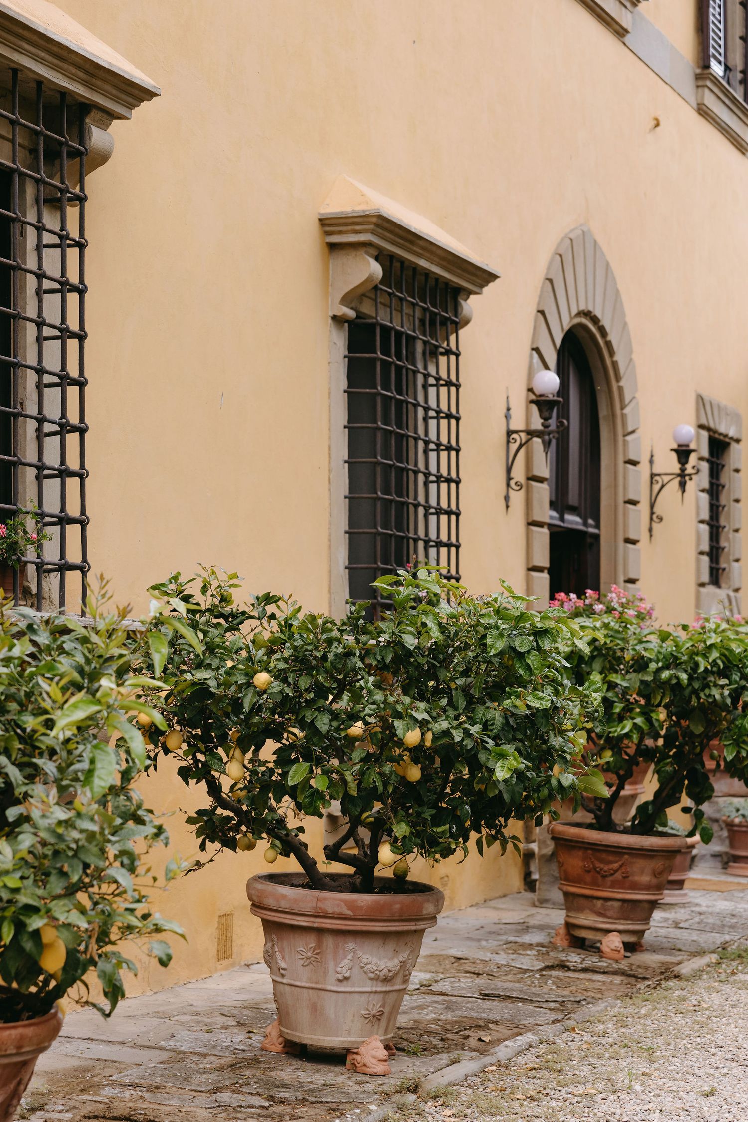 Italian villa exterior with wrought iron window bars and potted lemon trees.