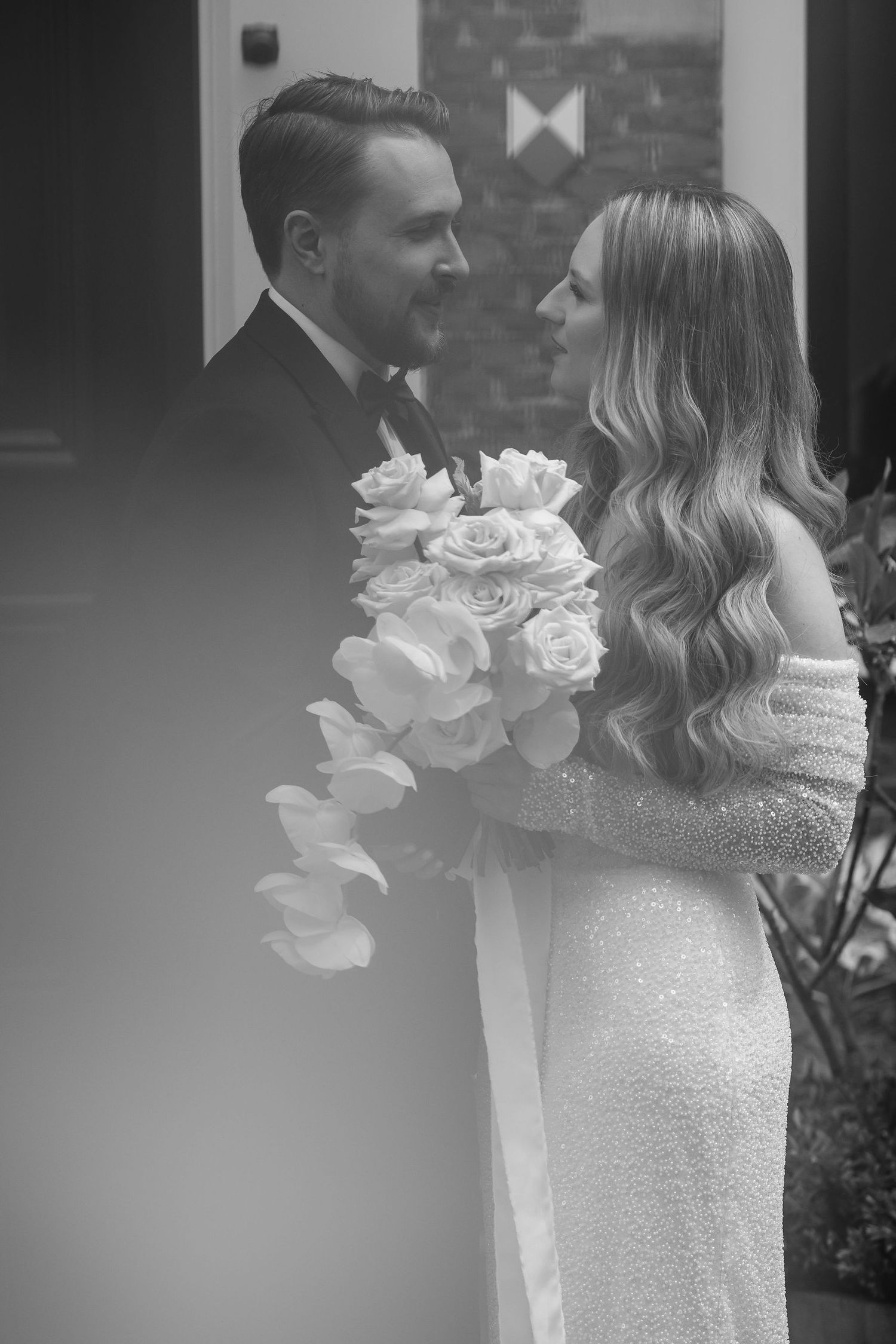 Bridal portrait series featuring a sequined wedding dress with floral details.