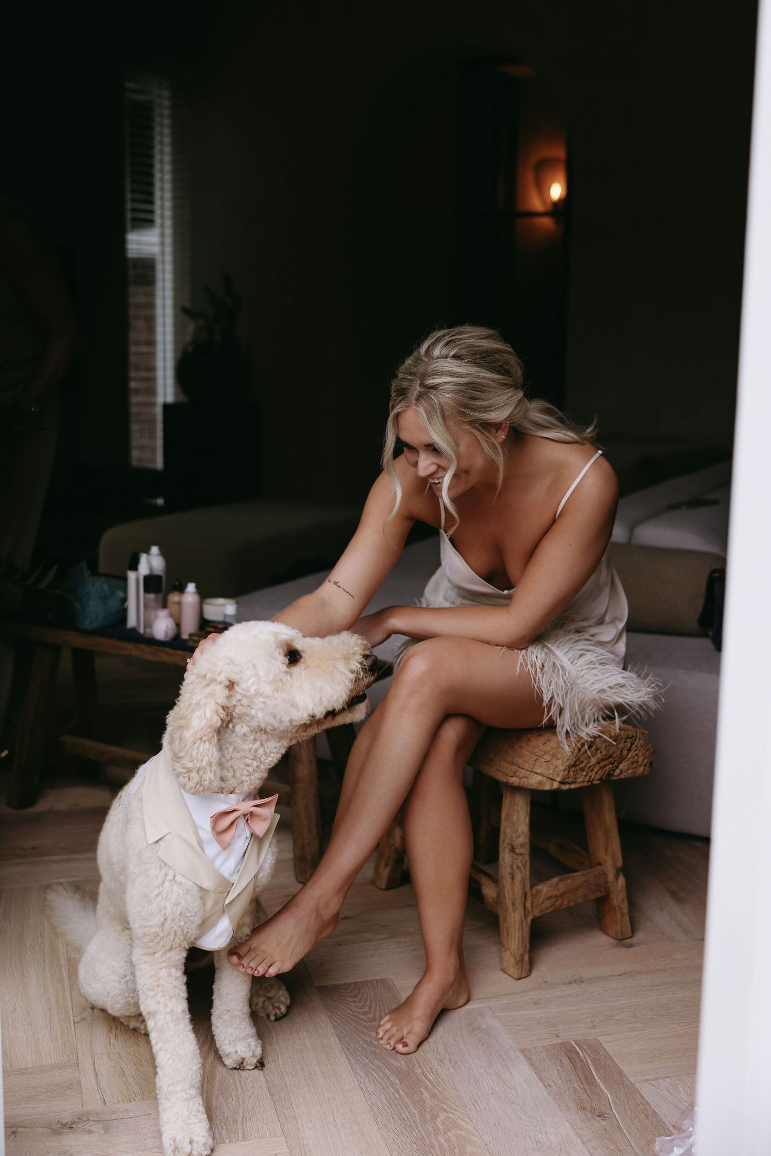 White dog sits beside person wearing a short feathered dress.