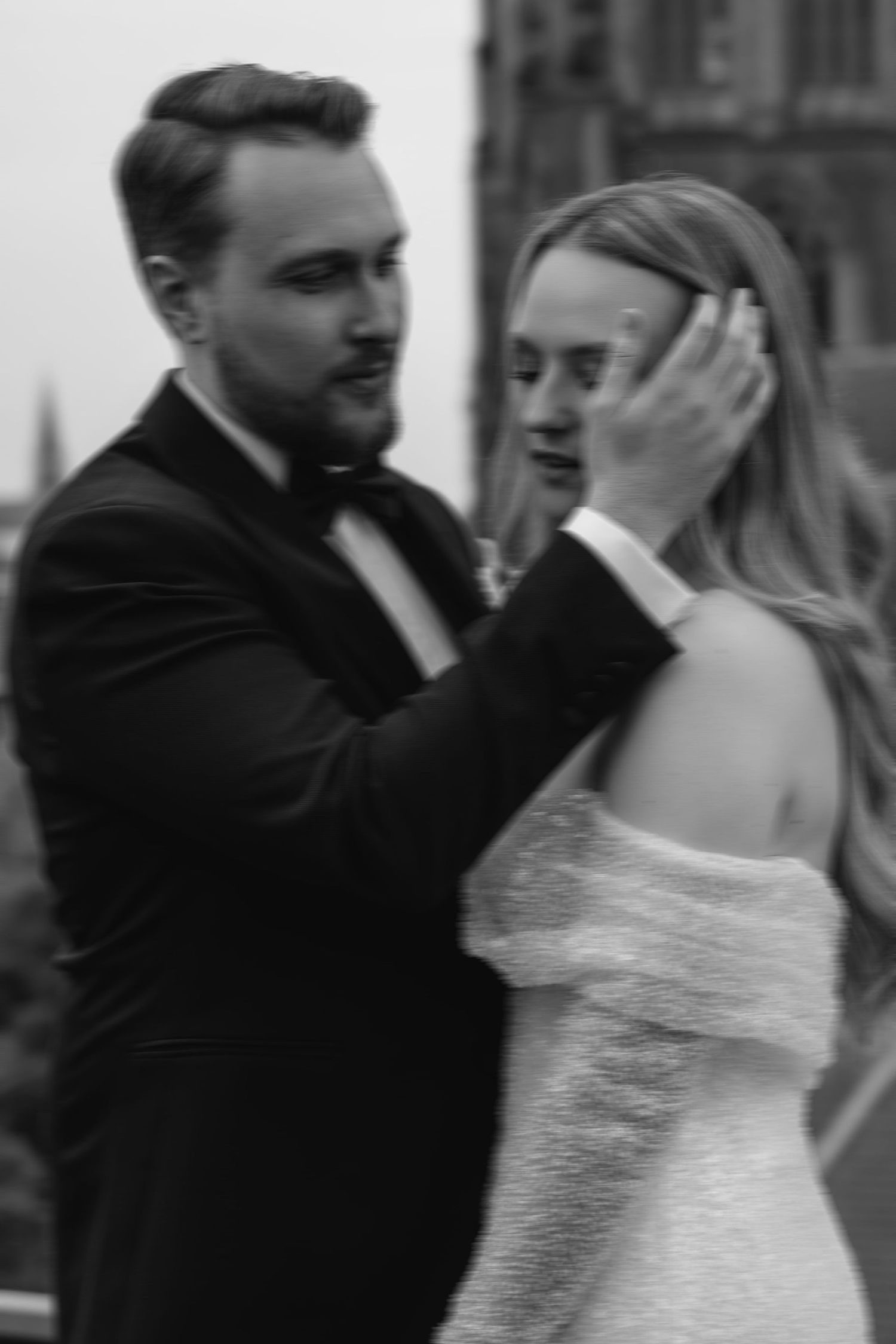 A black and white photo sequence shows a dancing couple at a wedding celebration, with the bride in white and groom in dark suit.