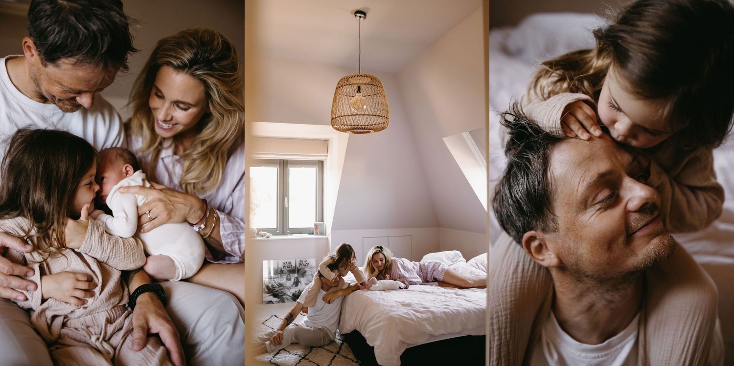 Tender family moments captured in warm tones showing parents with young children.