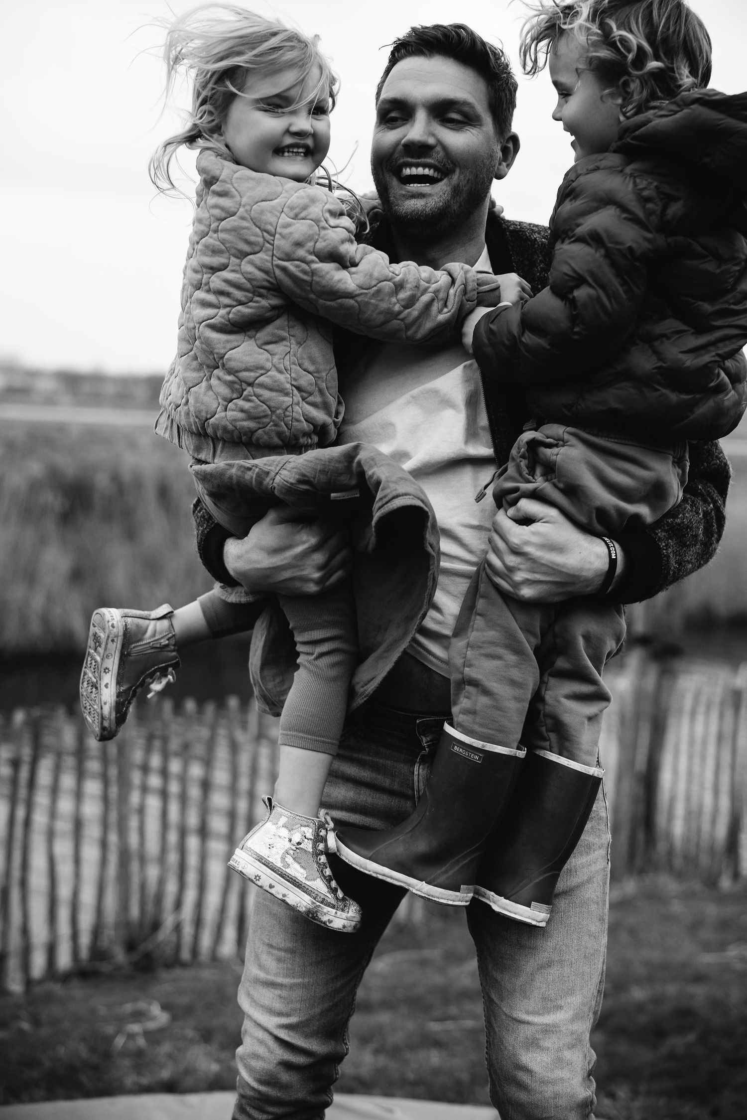 A series of joyful candid moments showing a child and adult playing together outdoors.