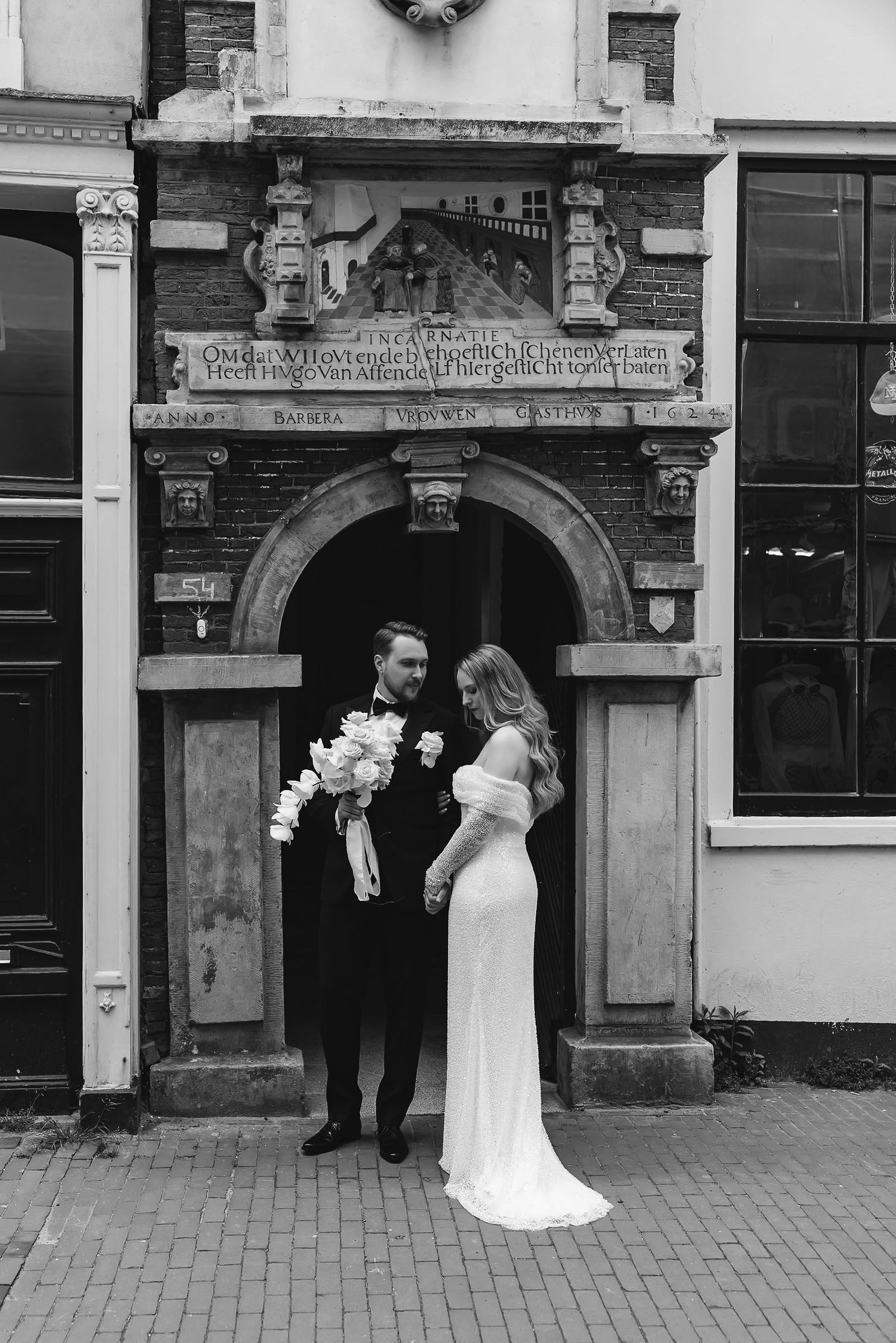 Multiple wedding photo shots showing couples in white dresses and formal wear outside a historic building.