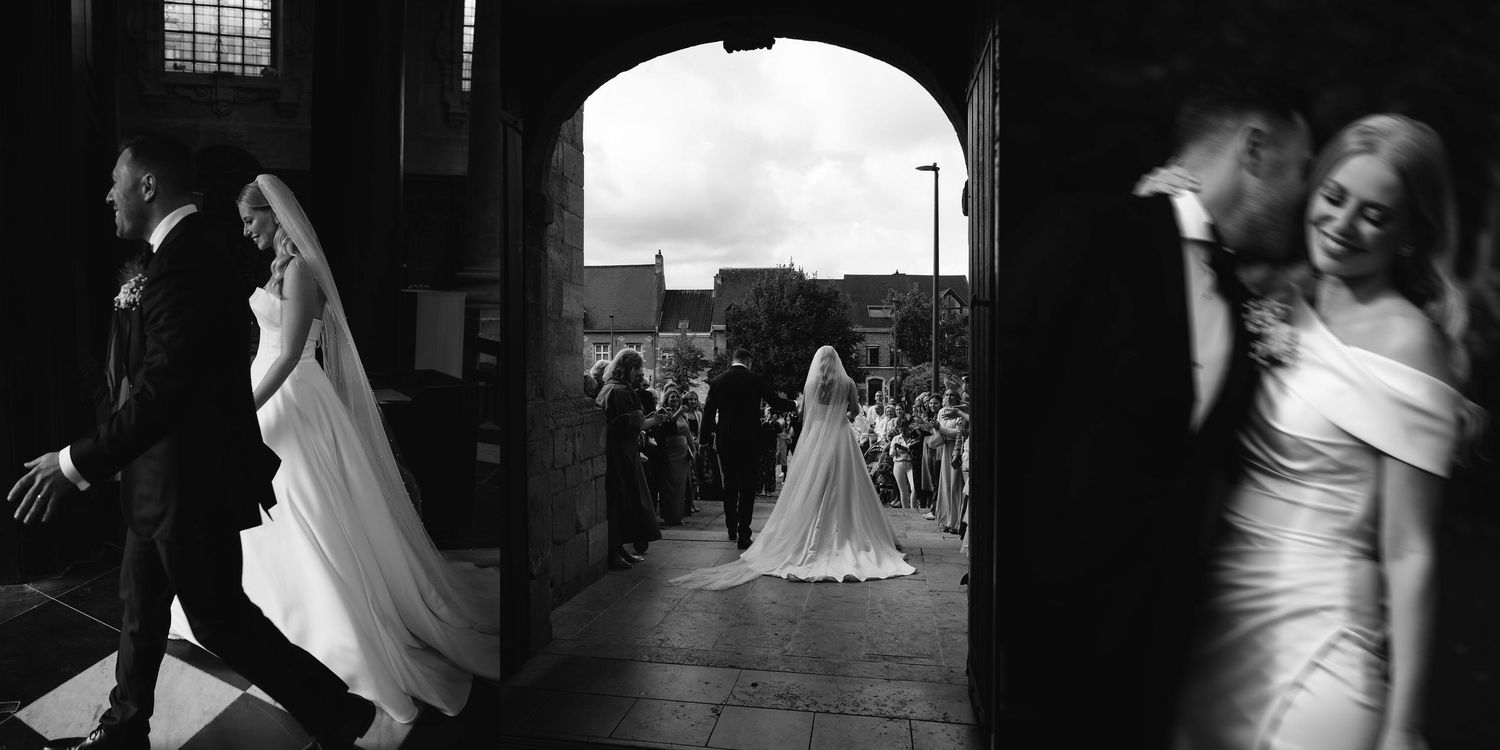 Series of artistic black and white wedding moments through archways.