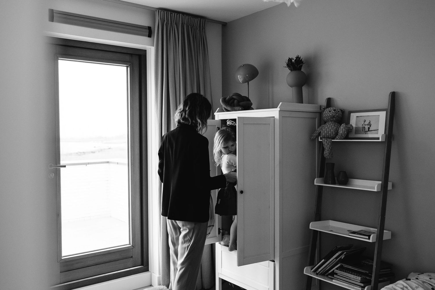 Series of quiet moments captured in a modern bedroom with natural lighting.