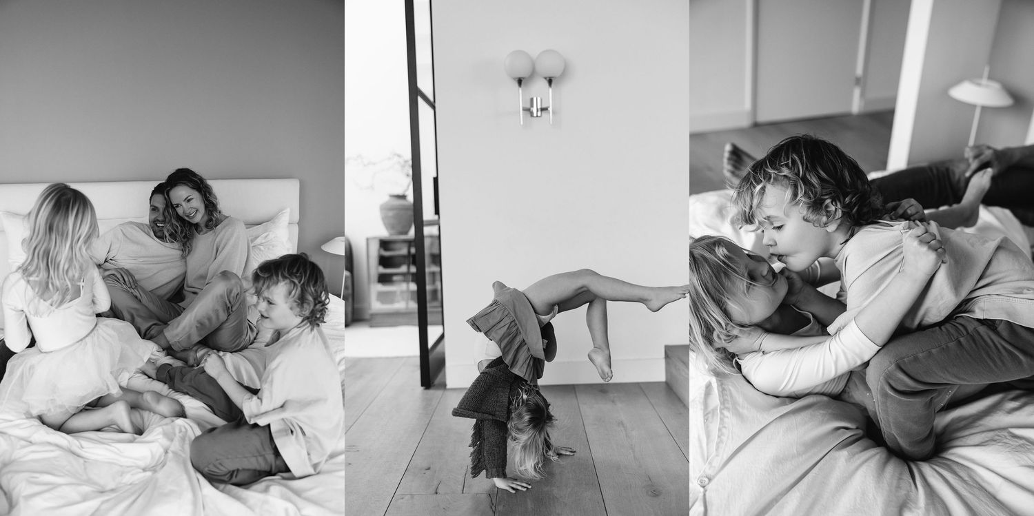 Collection of intimate black and white lifestyle photos showing family moments.