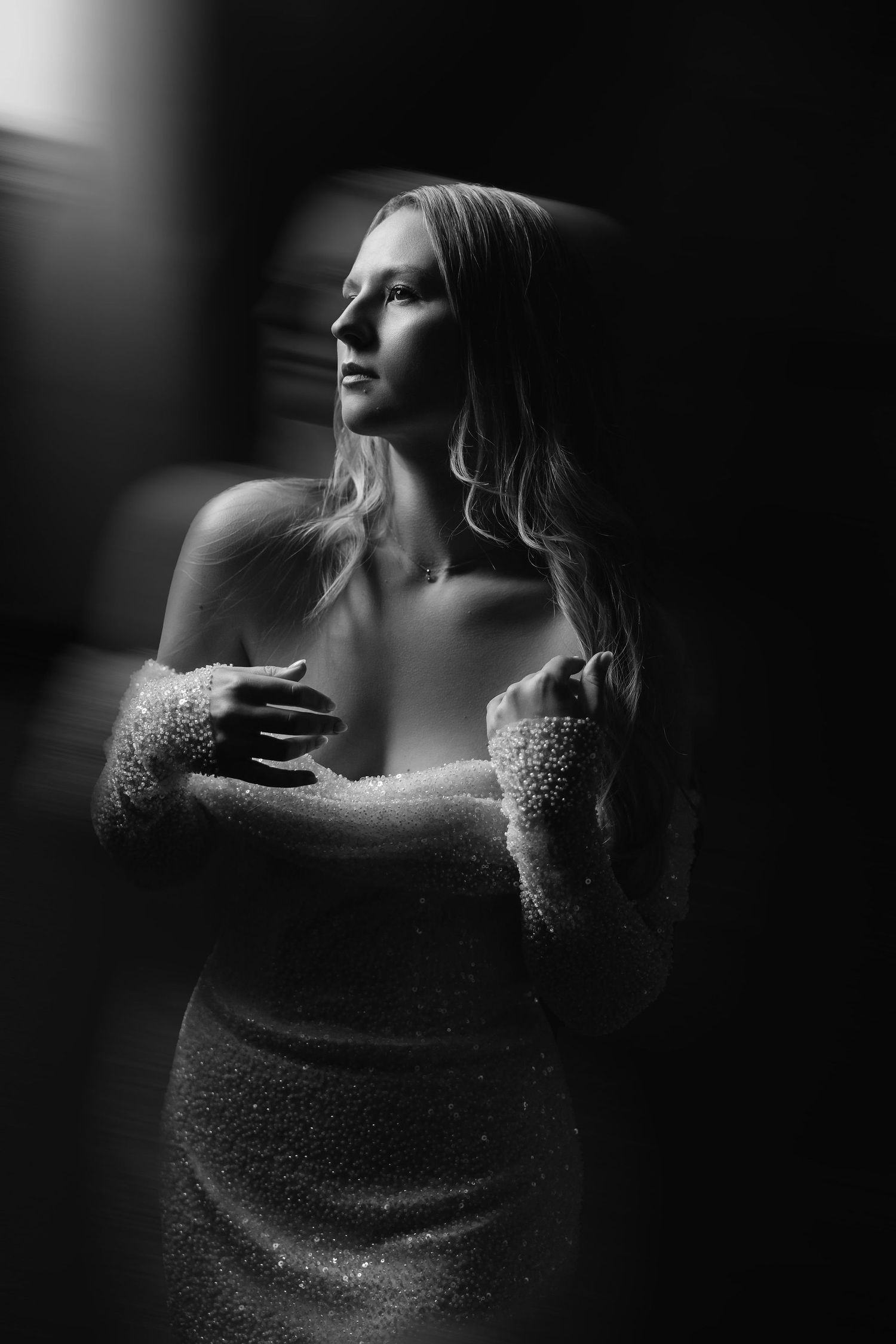 Artistic black and white portrait series showing dramatic side profile poses in moody lighting with sparkling fabric details.