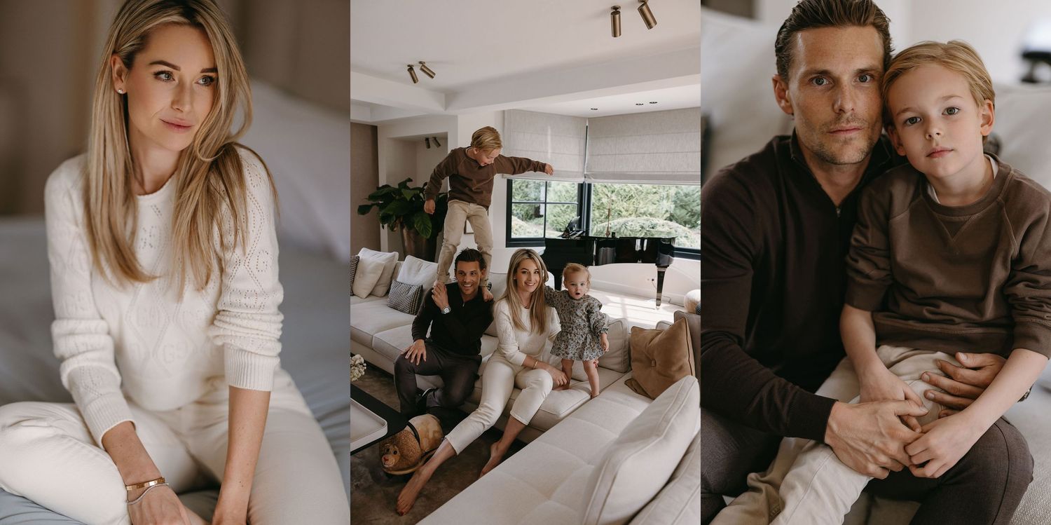 A collection of three lifestyle portraits showing tender family moments and individual poses in a modern setting.