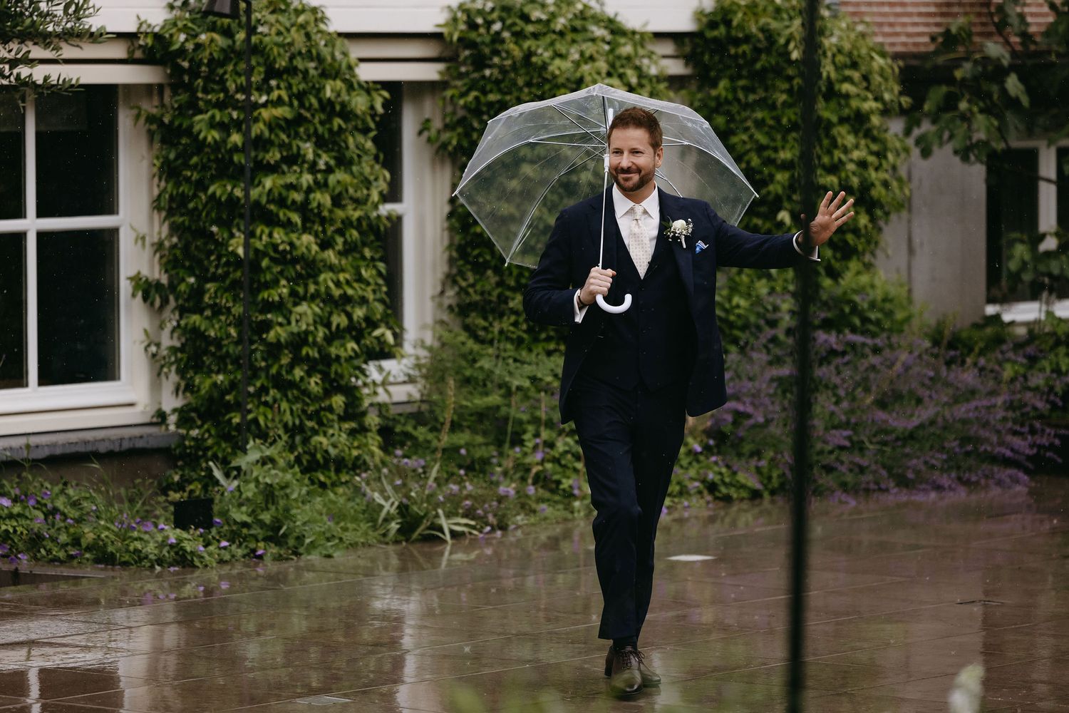 A series of groom portraits jumping in a black suit and bowtie against a green outdoor backdrop.