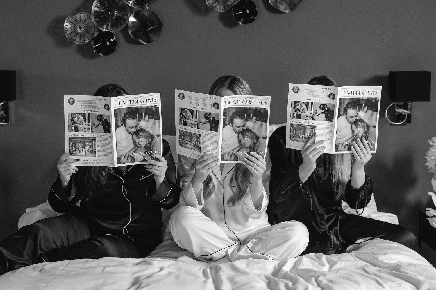Black and white photo display of wedding memories arranged in a collage.