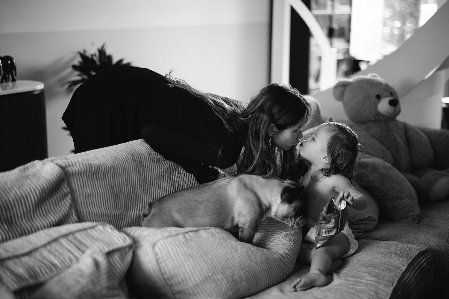A tender black and white moment captured on a cozy couch with stuffed animals.